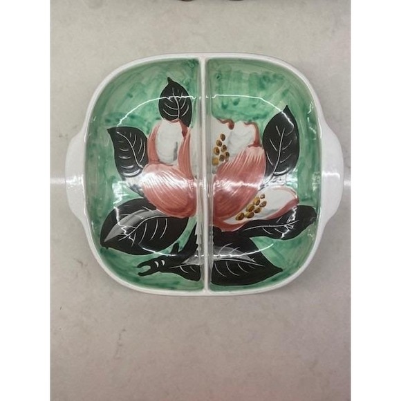 The Unbranded Brand Other - Divided Serving Dish Floral Pink Green Vintage From Italy Hand Painted Ceramic.
